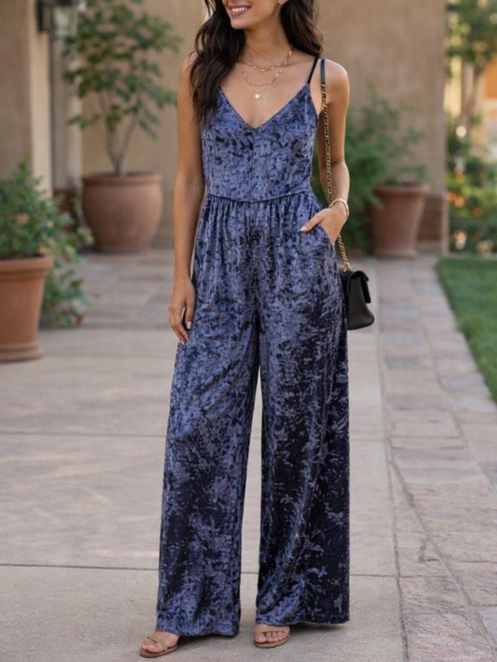 Velvet Spaghetti-Strap Jumpsuit Dress in Charcoal Gray/Blue